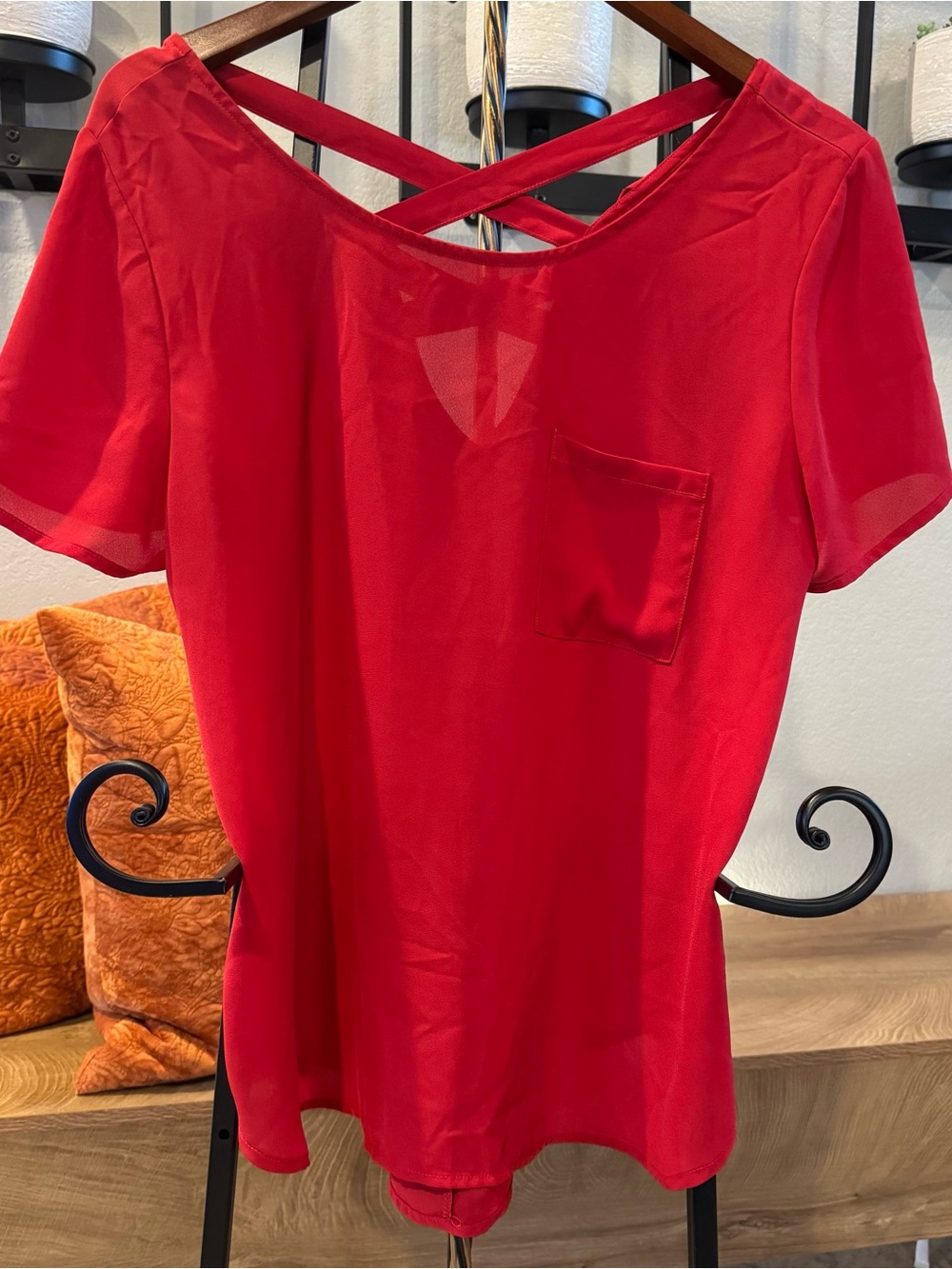 Lily White Bright Red Short Sleeve Blouse with Crisscross Back